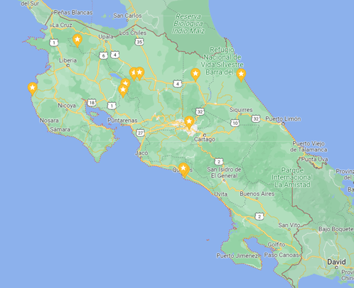 Karte Costa Rica, mit Stopp während unserer Mietwagenreise