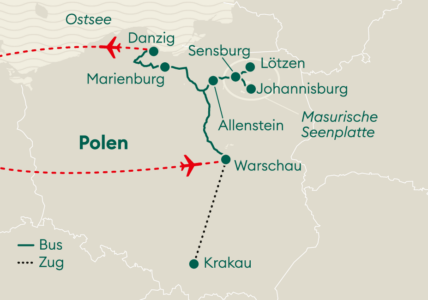 Karte von Polen mit der Reiseroute der Polen Rundreise von Vögele Reisen