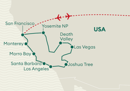 Reiseverlaufskarte USA Westen Mietwagenreise