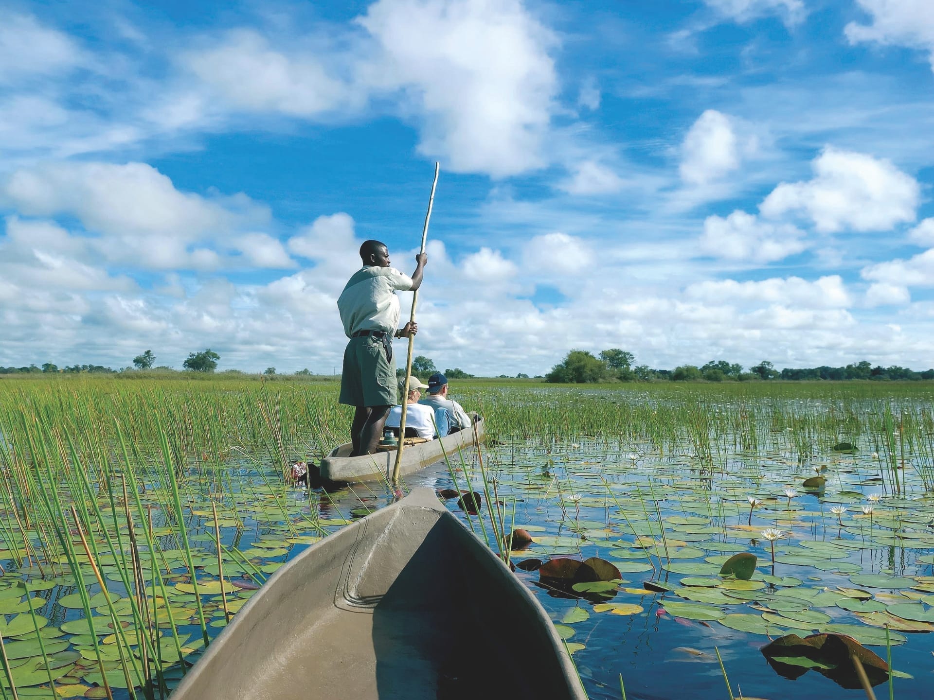 Drei Personen in einem Einbaum-Boot auf dem Wasser umgeben von Seerosen im Okavango Delta in Botswana.