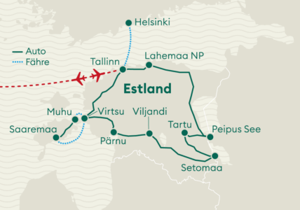 Karte von Estland mit der Reiseroute der Estland Mietwagenreise von Vögele Reisen