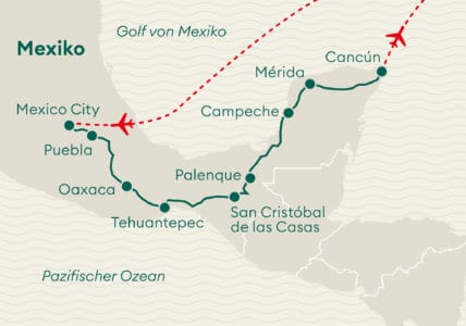 Karte Mexico City bis Mérida