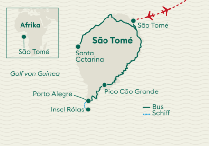Karte von Sao Tome mit der Reiseroute der Sao Tome Standortreise von Vögele Reisen