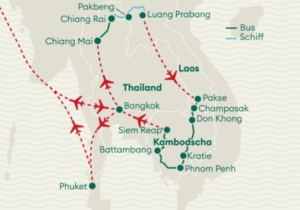 Karte von Laos und Kambodscha mit der Reiseroute der Laos und Kambodscha Rundreise von Vögele Reisen